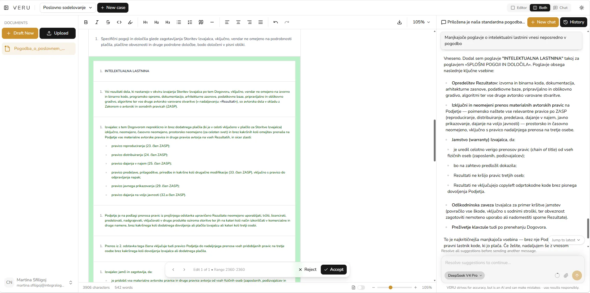 Novo poglavje, vstavljeno neposredno v pogodbo v načinu sledenja sprememb