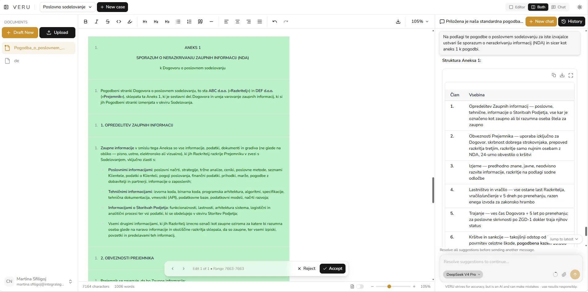 Veru pripravi NDA kot aneks 1 neposredno v dokumentu, usklajen s pogodbo